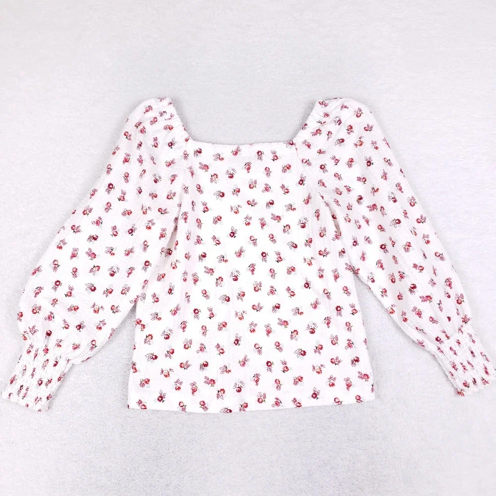 LOFT Blouse Womens Medium Square Neck Puff Sleeve Floral White Cottagecore‎ Boho